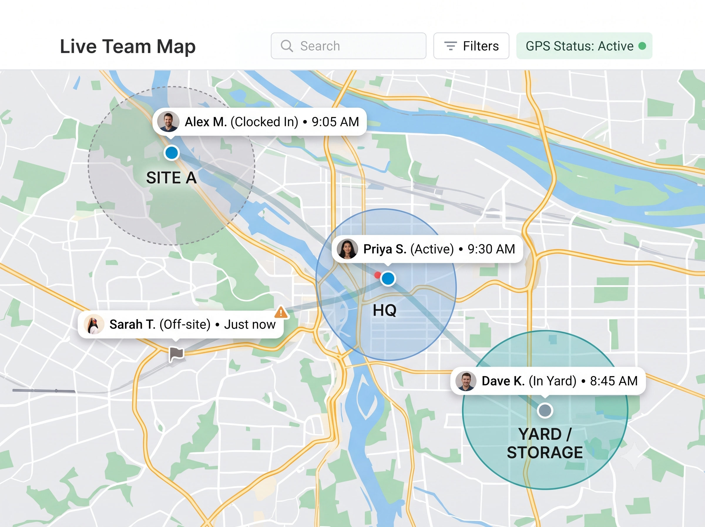 HRMWare live team map showing GPS-tagged check-ins across geofenced sites